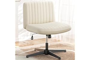 REONEY Cross Legged Office Chair, Criss Cross Chair Armless Wide Desk Chair No Wheels, Adjustable Modern 360° Swivel Padded Fabric Vanity Mid Back Home Office Chair for Bedroom,Makeup (Cream)