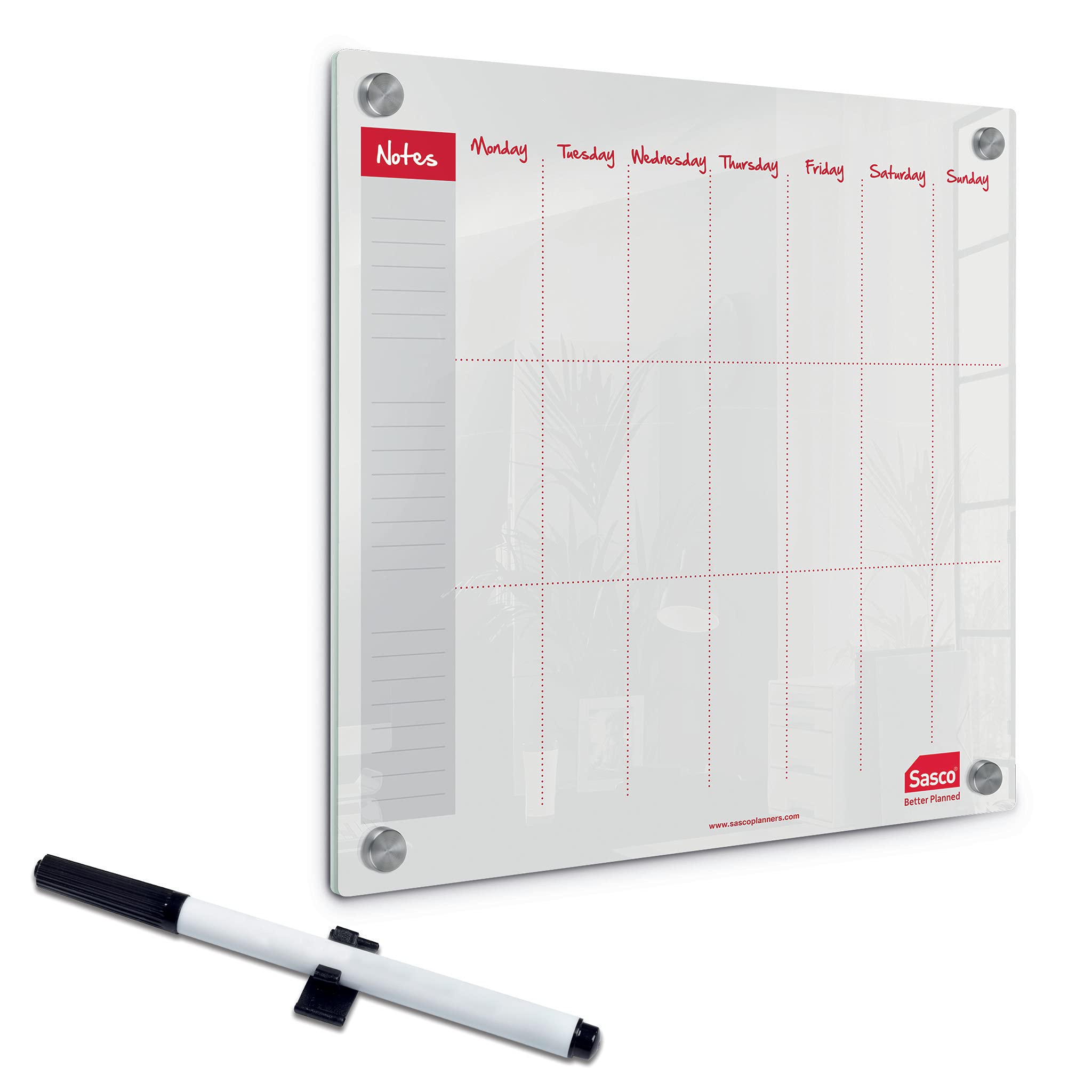 Sasco Semi Transparent Acrylic Mini Whiteboard Weekly Planner, Wall Mounted, Frameless, Dry Erase, 450 x 450, Includes Whiteboard Pen, 2410182