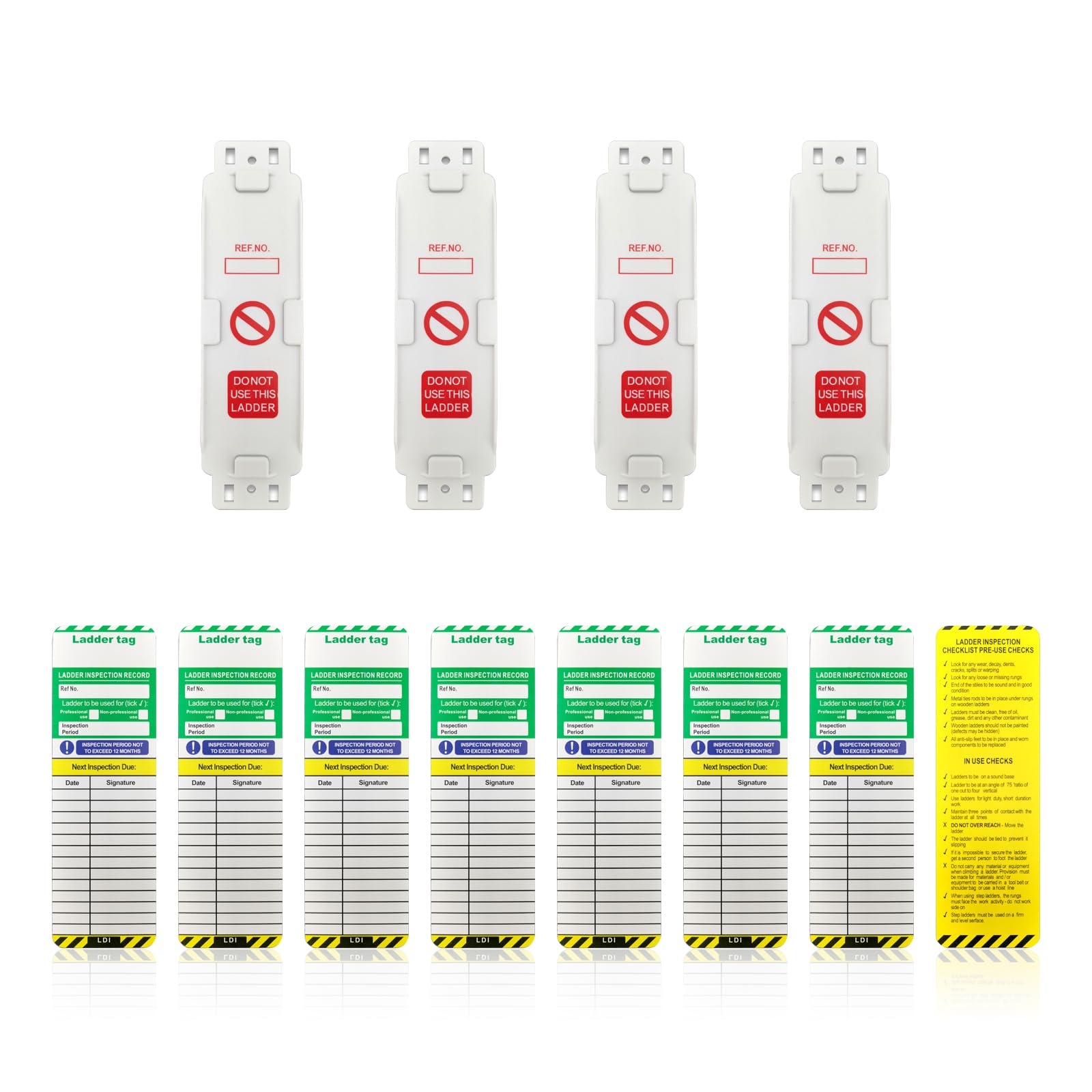 Ladder Inspection Tags Weatherproof,Accident Prevention Safety Labels with Brackets Scaffold,4 Holders and 8 Inserts Inspection Tag Inserts Inspection Record Kit for Inventory,Machinery,Construction
