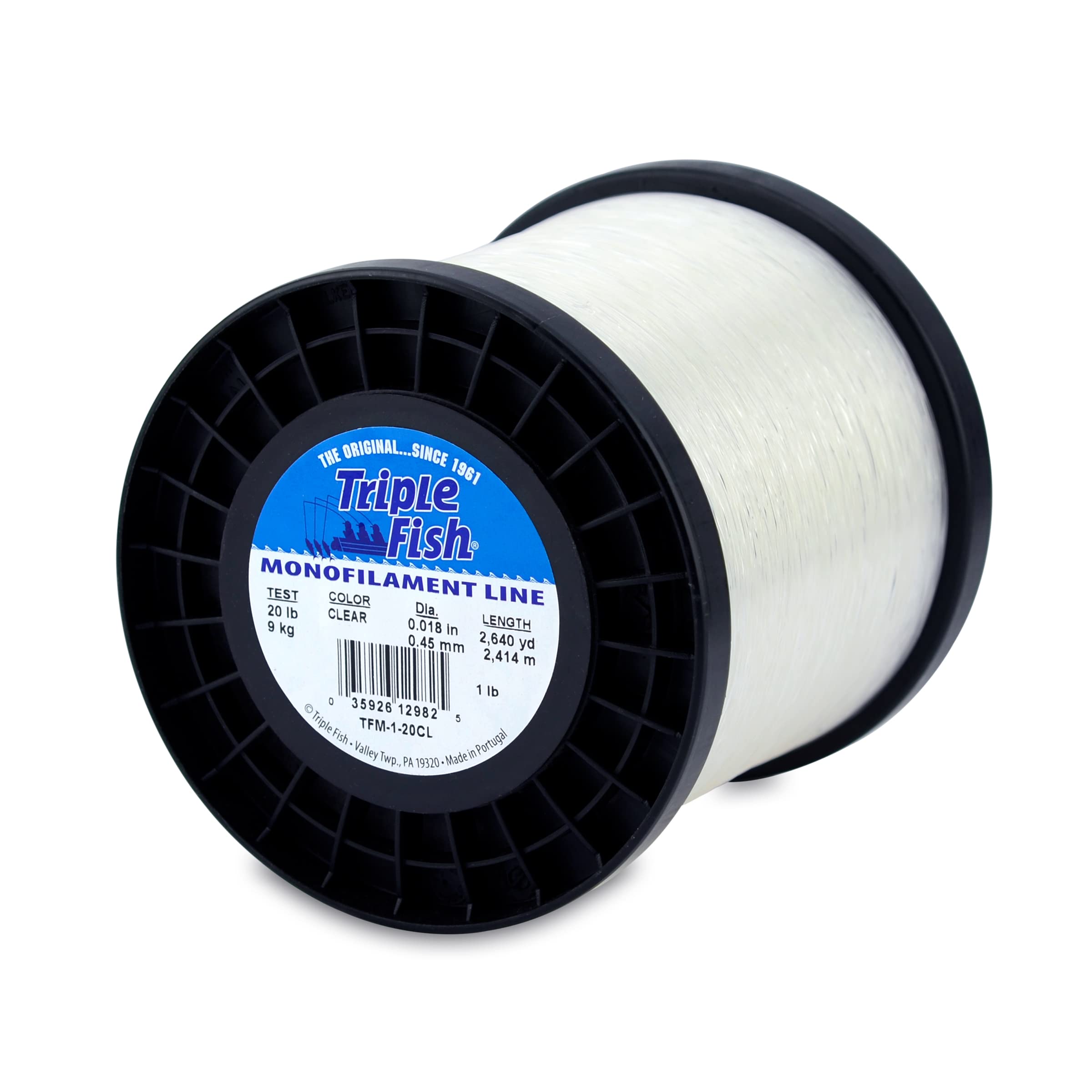 Triple Fish Monofilament Line, 20 lb / 9.1 kg Test, .018 in / 0.45 mm Dia, Clear, 1 lb / 0.45 kg Spool, 2640 yd / 2141 m