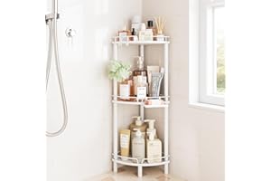 ELYKEN Corner Shower Caddy Standing, 3 Tier Rustproof Metal Shower Organizer with Soap Holder, Floor Shower Corner Shelf Rack Storage Stands with Adjustable Feet & 2 Hooks for Bathroom, White