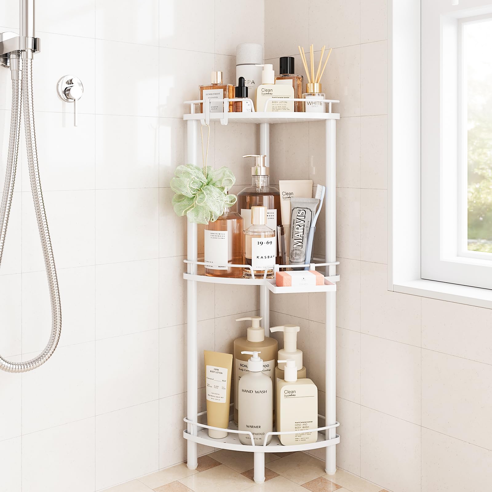 Photo 1 of ELYKEN Corner Shower Caddy Standing, 3 Tier Rustproof Metal Shower Organizer with Soap Holder, Floor Shower Corner Shelf Rack Storage Stands with Adjustable Feet & 2 Hooks for Bathroom, White
