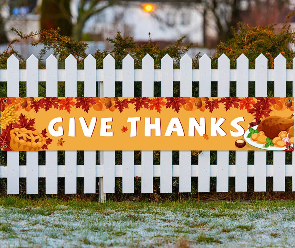 XJF Give Thanks Banner Decorations, Thanksgiving Day Autumn Outdoor Indoor Party Decor Supplies
