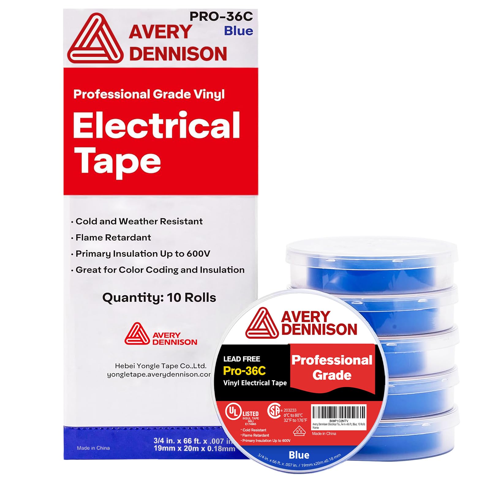 Avery Dennison Electrical Tape, 10 Rolls Professional Grade PVC Electric Tape, UL/CSA Listed ¾ in x 66 ft Insulating Vinyl Tape for Electrical, Repairs, Automotive and Equipment, Pro-36C, Blue Image