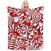 Red White Christmas Candy Canes Blanket Soft Comfy Flannel Throw Blankets Lightweight Warm Bed Throws Plush for Couch Sofa Camping Office Travel Home Bedroom Decor Girls Boys Women Men Gifts 60"X50"