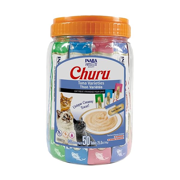 INABA CHURU CAT TREATS, GRAIN-FREE, LICKABLE, SQUEEZABLE CREAMY PURÉE CAT TREAT/TOPPER WITH VITAMIN E & TAURINE, 0.5 OUNCES EACH TUBE, 50 TUBES, TUNA VARIETY