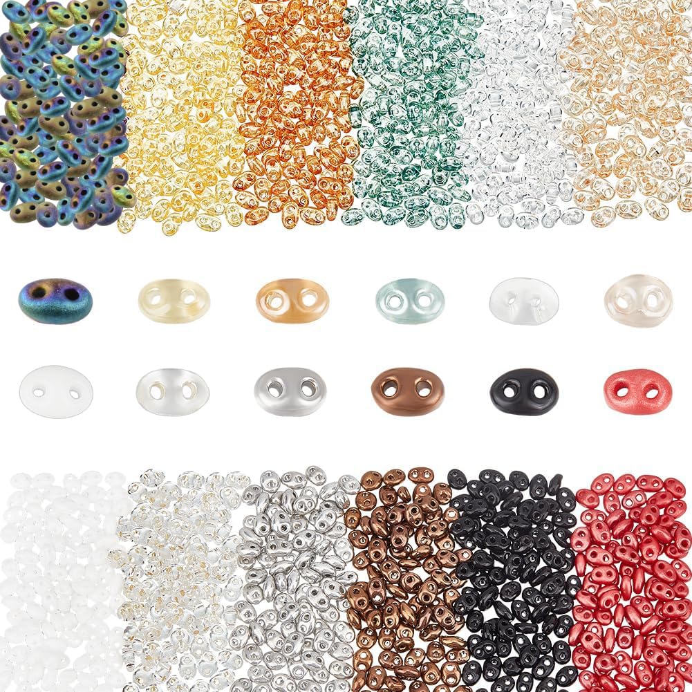 NBEADS 60g 12 Colors 2 Hole Seed Beads, 5x3.5mm Czech Glass Tila Beads Oval Shape Tiny Beads Loose Spacer Bead Opaque Braiding Beads Transparent Beads for Jewelry Making Necklace Crafts Supplies