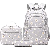 goldwheat Daisy Printed Backpacks With Lunch Pack Pencil Case 3pcs, Lightweight Water Resistant Bookbag For Middle School