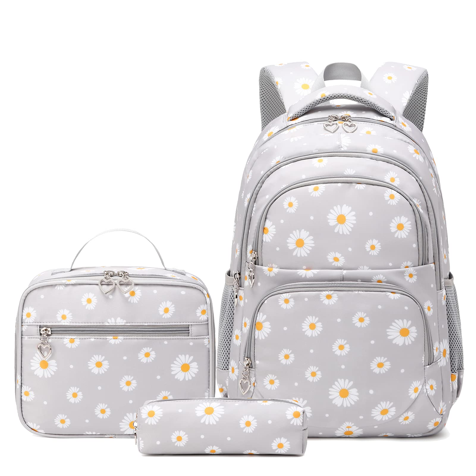 Daisy Printed Backpacks With Lunch Pack Pencil Case 3pcs, Lightweight Water Resistant Bookbag For Middle School
