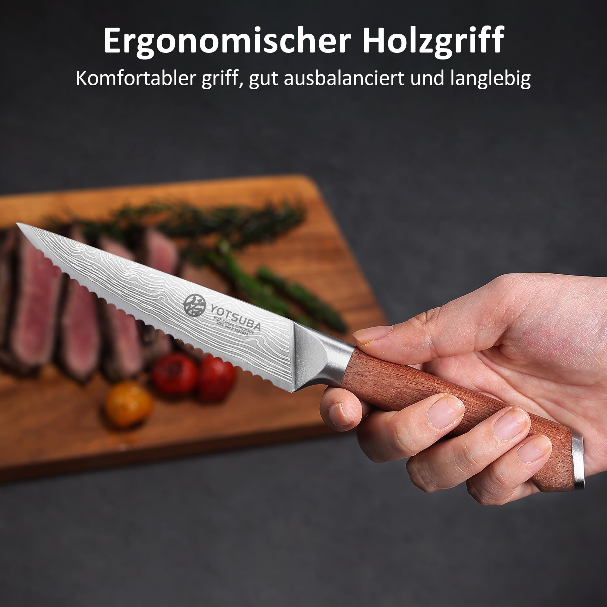 YOTSUBA Steakmesser Set 6-teilig, 12cm Küchen Steakbesteck Messer aus hochwertiger Deutscher Edelstahl, ultrascharfe Gezahnte Steak Küchenmesser und ergonomischer Holzgriff, Tafelmesser Geschenkbox 5