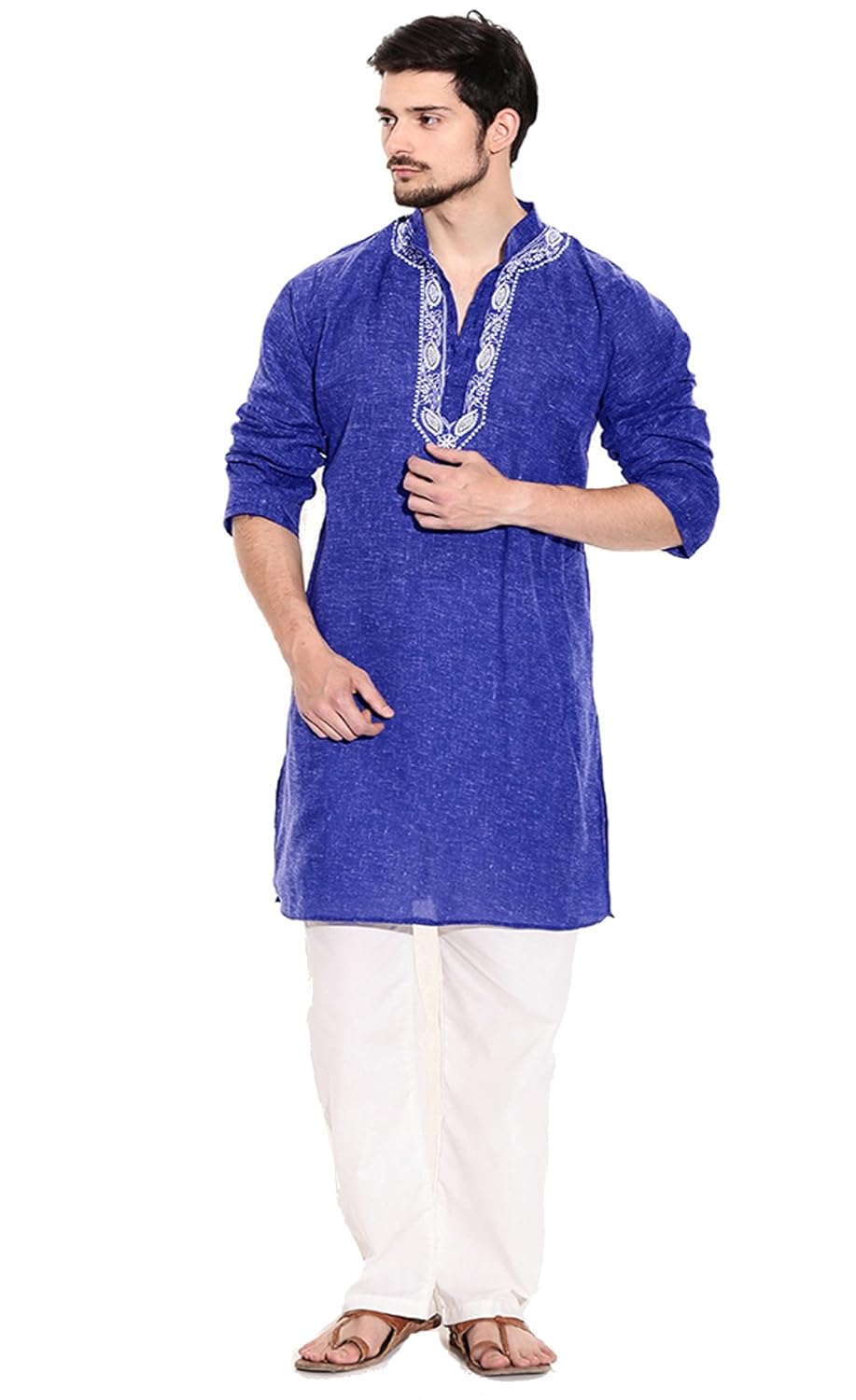 sai chikan men's regular fit embroidered blue jute cotton kurta with payjama