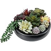 MyGift 8-Inch Artificial Succulent Plant Arrangement, Assorted Fake Plants in Modern Black Round Concrete Planter Bowl