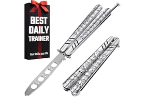 GOOD WORKER Butterfly Knife - Balisong Trainer - Silver Practice Butterfly Trainer with Sure Spring Latch - Balisong Knives NOT Real NOT Sharp Blade - Full Stainless Steel Fake Dull Trick CSGO Fidget Toy K16 S