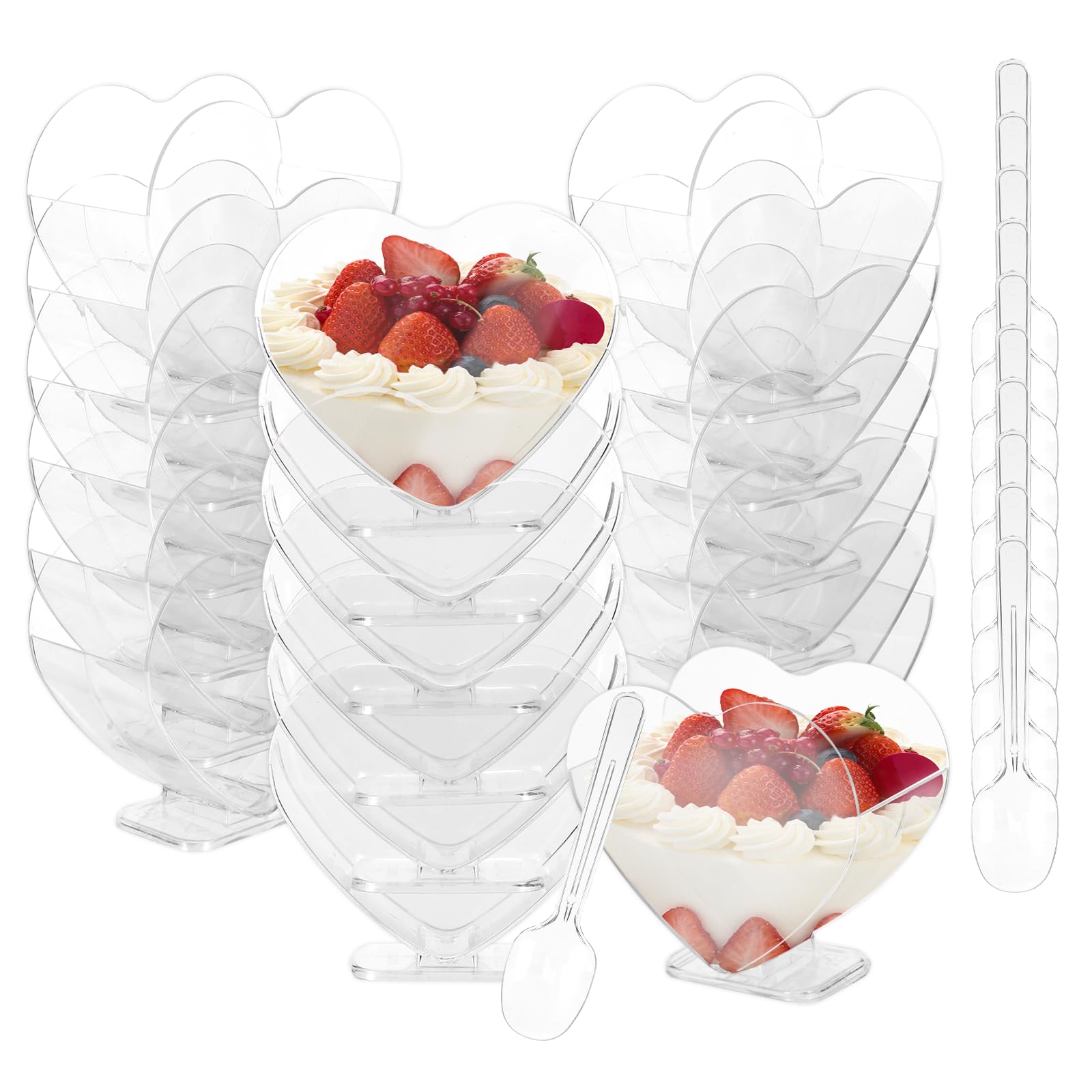 Photo 1 of 100 Pack 5oz Charcuterie Cups with 100 Spoons, Appetizer Dessert Cups for Pudding Jello Parfait Fruit, Plastic Disposable Heart Shaped Cup for Valentine's Day Wedding Bridal Shower Catering Supplies