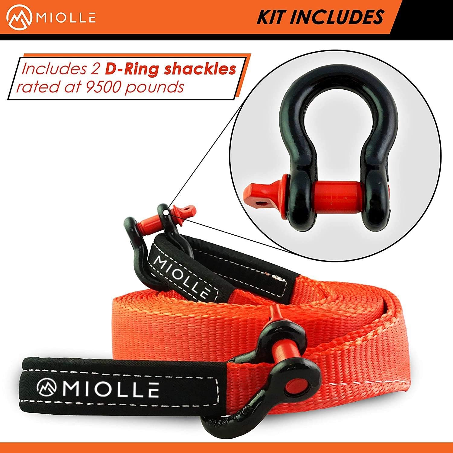 Miolle Tow Strap 3”x20’ (30000lb) with Loops and D-Hook Shackles - Recovery Rope Heavy Duty - Towing Straps - Snatch Ropes for Truck and Car: Automotive