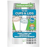 12 Ounce Disposable Coffee Cups With Lids, 20 Hot Cups With Lids - Sleeves Sold Separately, Single Wall, Black And White Stripe Paper Coffee Cups, For All Kinds Of Beverages - Restaurantware