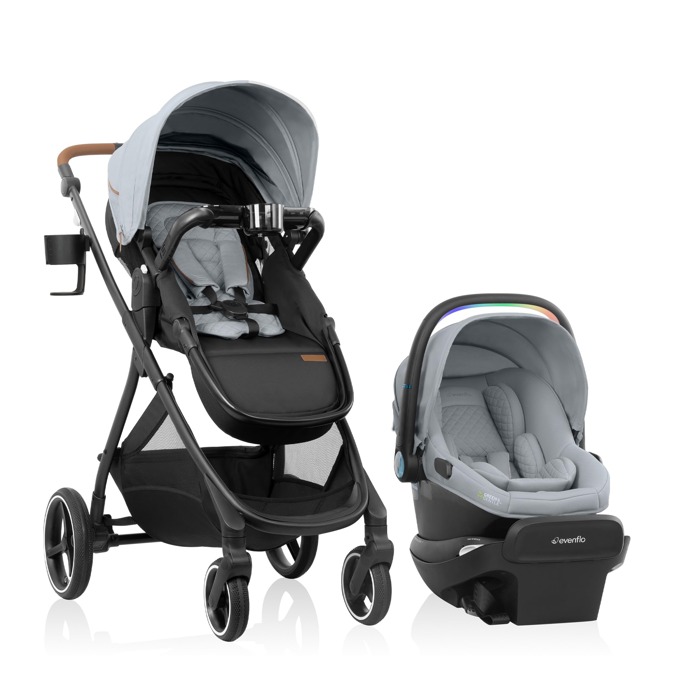Photo 1 of Evenflo Shyft Intuiti+ Travel System Featuring Revolve180 LiteMax NXT Preemie and Infant Car Seat with SensorySoothe and Green & Gentle (Quartz)