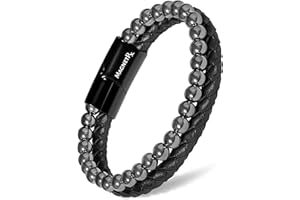 MagnetRX® Hematite & Leather Bracelet – Max Strength Magnetic Stone Beaded Bracelets for Men (Large)