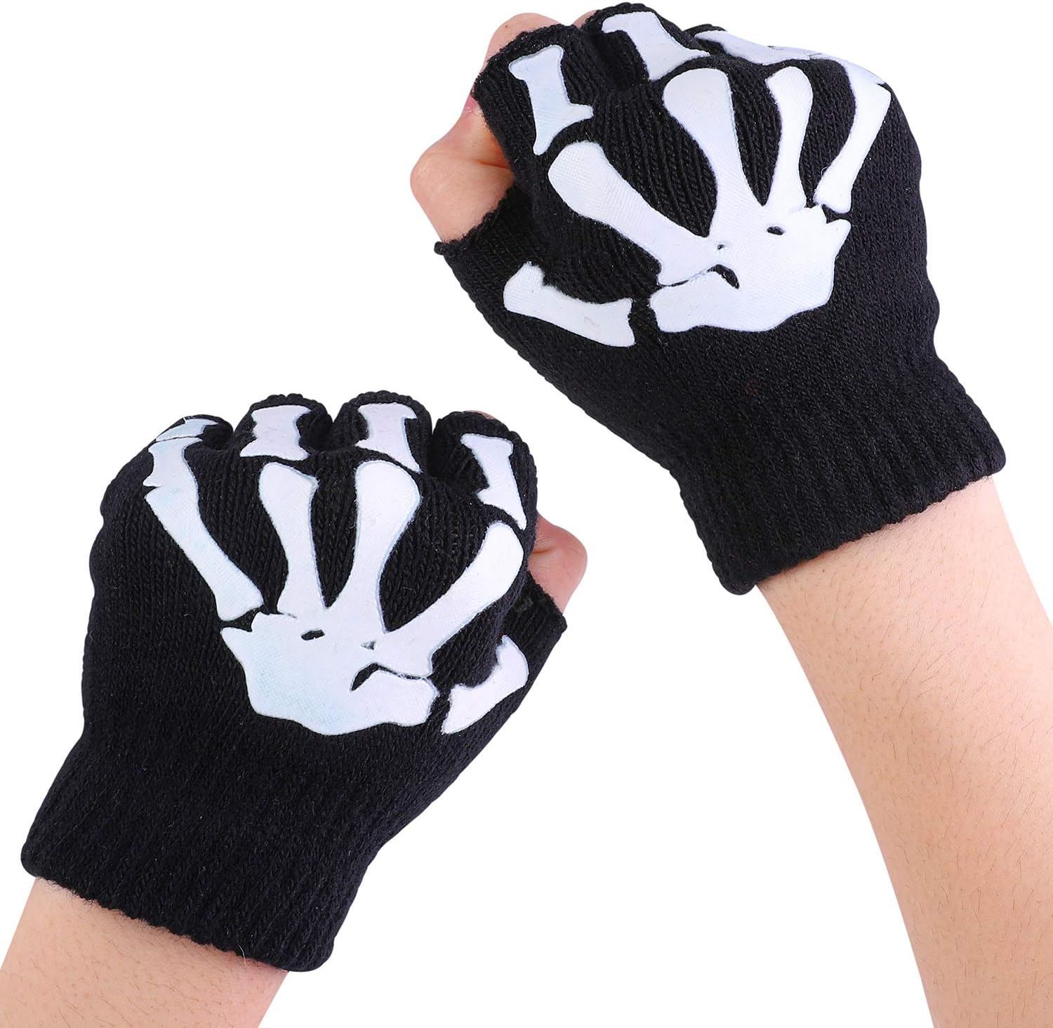 Cooraby 2 Pairs Kids Skeleton Gloves Glow in The Dark Fingerless Knitted Gloves: Toys & Games