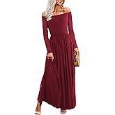 Amoretu Dresses for Women Long Sleeve Off Shoulder Maxi Flowy Casual Loose Plain Dress with Pockets