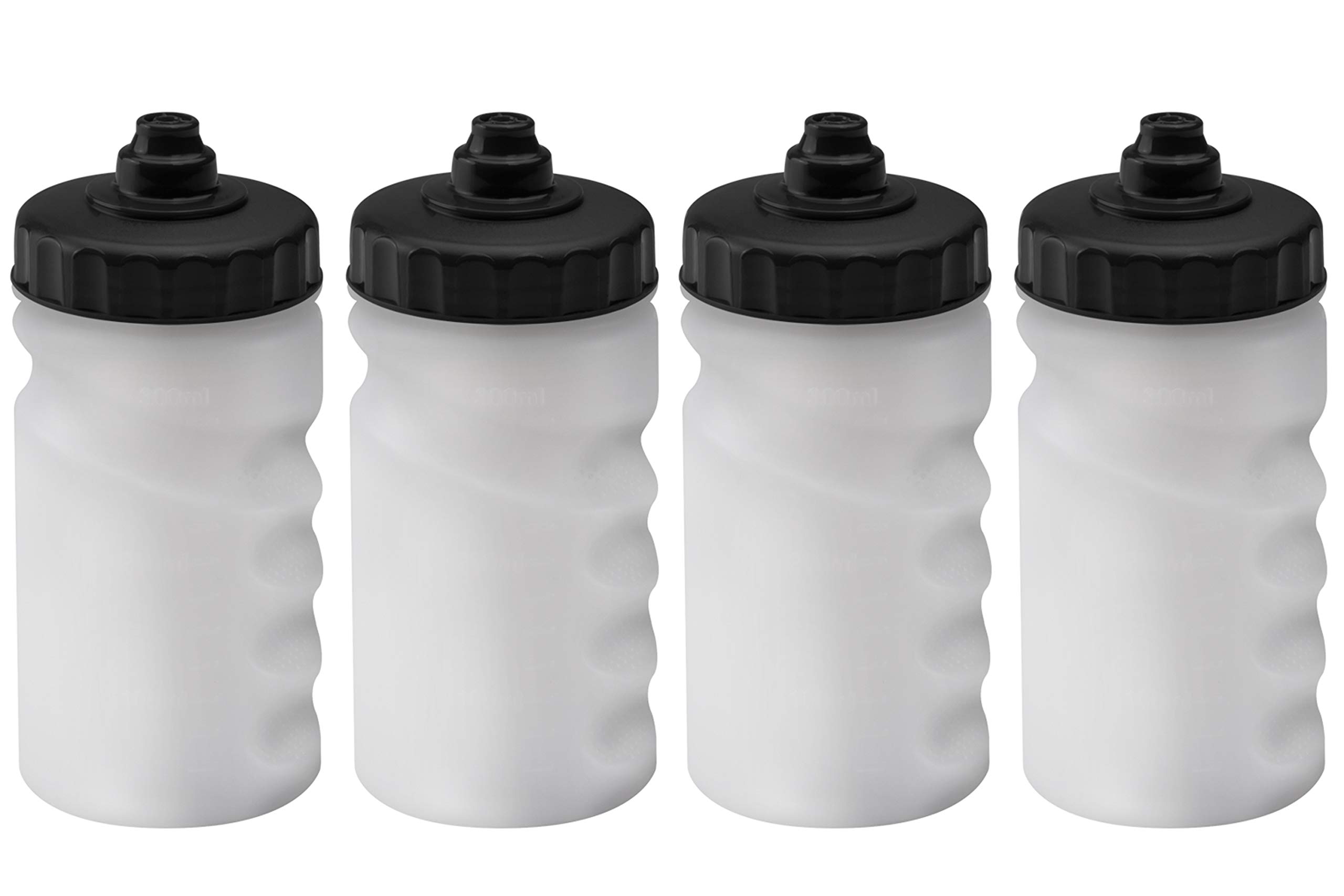 Foxberry 300ml Children's Small Refillable Water Bottles - 4 Pack - Hands Free Lid - Non Drip Leakproof Spout - BPA Free - Blank For DIY Decoration - Dishwasher Safe - Sports - School - Club (Black)
