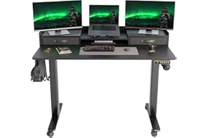 YDN Standing Desk with Drawers, 55 Inch Standing Desk Adjustable Height, Adjustable Electric Stand Up Sit Stand Small Desks with Storage and Shelf, Black