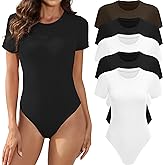MLYENX 5 Pack Body Suits for Womens Short Sleeve Round Neck Casual Stretchy Basic T Shirt Bodysuit Tops