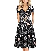 Women's Elegant Criss-Cross V Neck Vintage Short Sleeve Work Casual Fit and Flare Tea Dress with Pockets 980