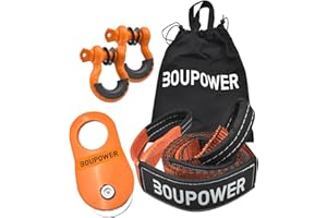 BOUPOWER Off Road Winch Recovery Kit, 10 Ton Heavy Duty Snatch Block Pulley with 3" x8' Tree Saver Strap and 2Pcs 3/4" D Ring Shackles, Winching Accessories for Truck Car SUV ATV Orange