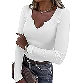 Roselux Women V Neck Ribbed Long Sleeve Shirt Fitted Basic Slim Knit Top