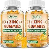 Youlikee 2 Pack Vitamin C + D3 + Zinc Gummies for Adults, Immune Support Supplement with Elderberry, Echinacea & Mullein Leaf - Powerful Antioxidant, Sugar Free, Orange Flavor, 120 Count