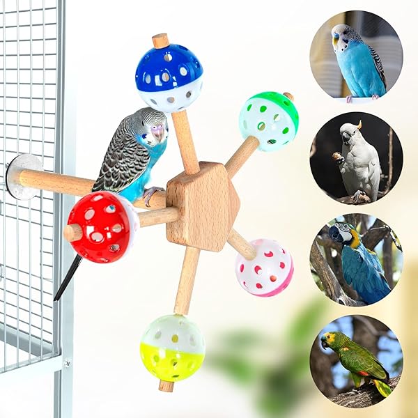 OIIBO BIRD TOY ROTATING PERCH TOY WITH BELL BALLS, PUZZLE PARROT TOYS BIRD CAGE TOYS BOREDOM REDUCING BIRD FORAGING TOYS FOR COCKATIEL, PARAKEETS, PARROTS, BUDGIES, LOVEBIRD, CONURES