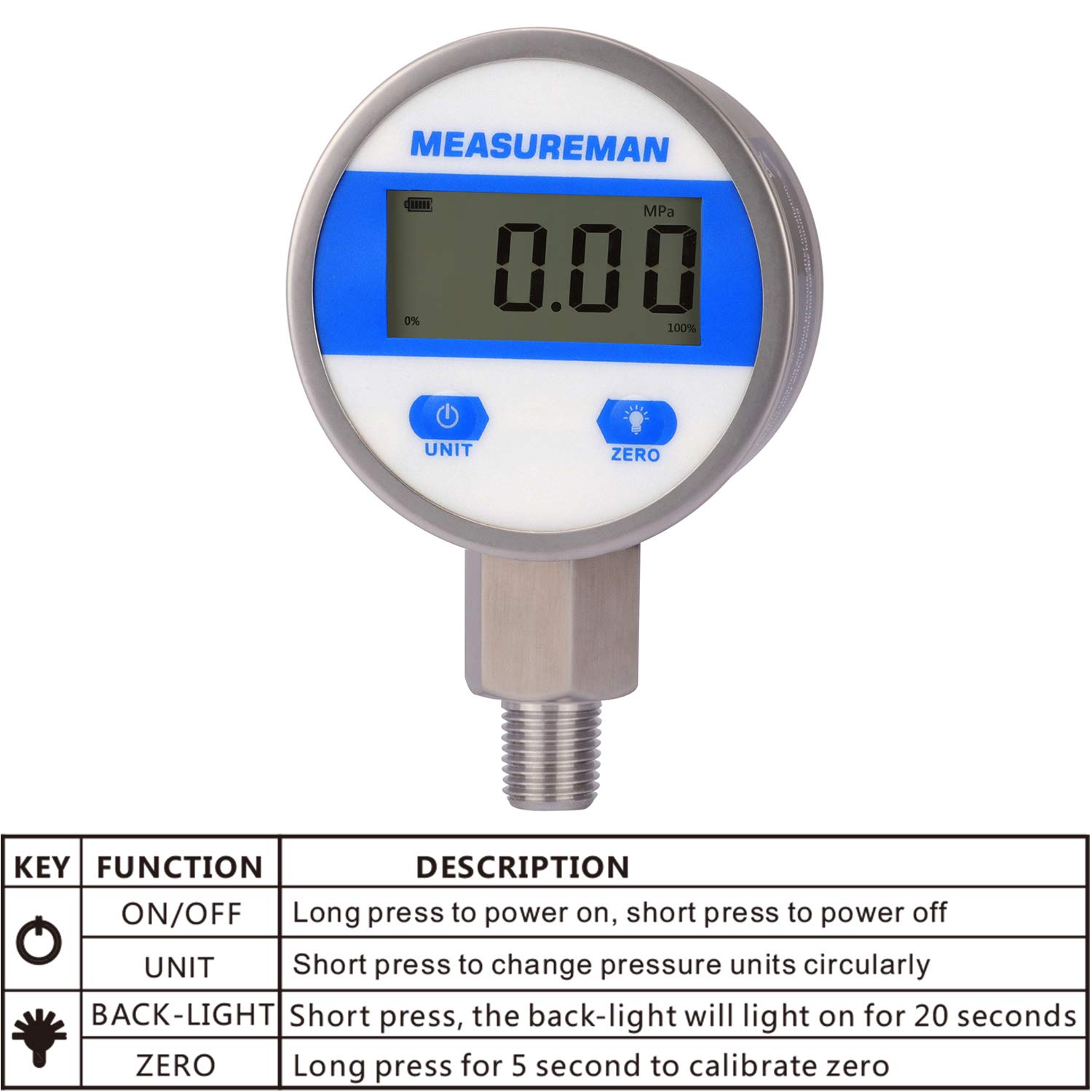 Measureman 2-1/2" dial, Digital Industrial Vacuum Gauge with 1/4"NPT Lower Mount, Stainless Steel case and Connection, -15psi, 1%, Battery Powered, with LED Light: Industrial & Scientific