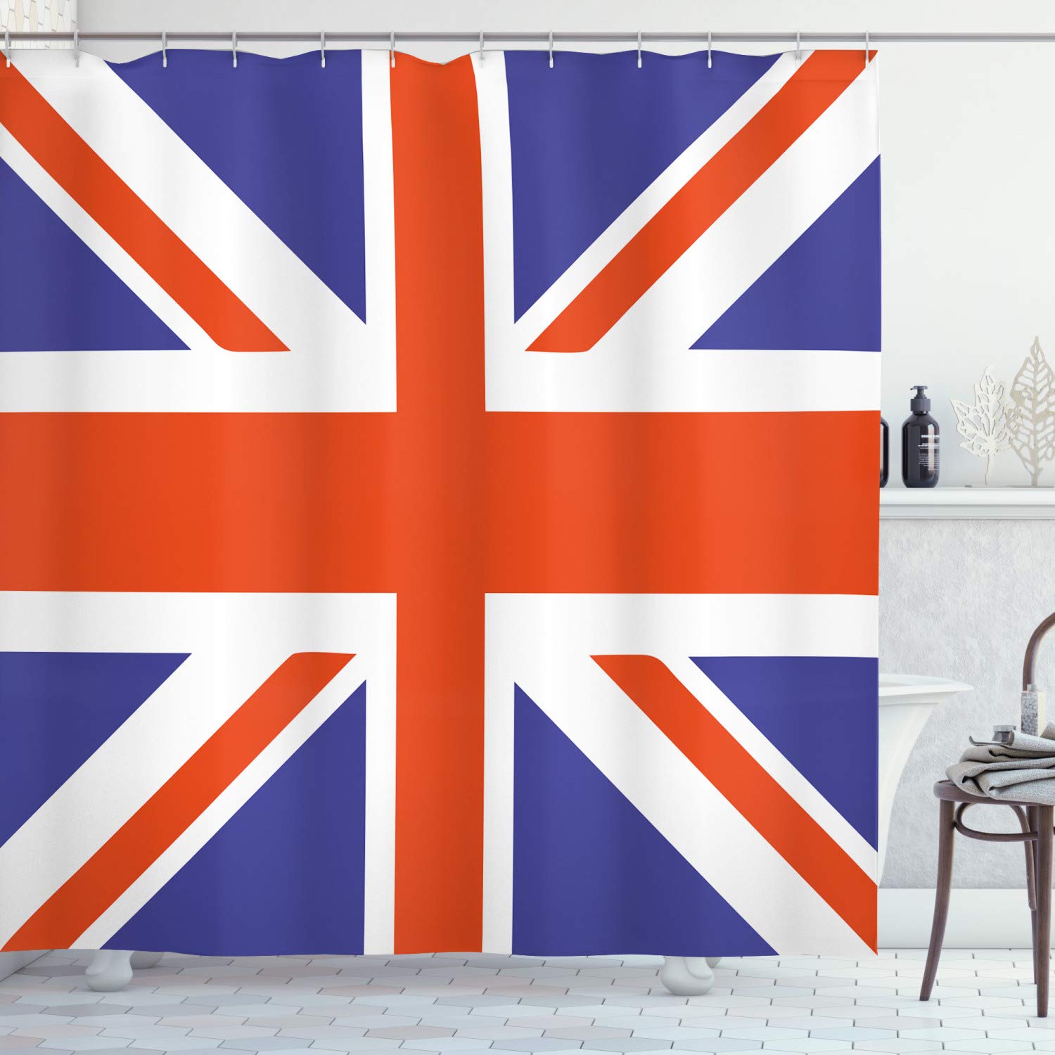 ABAKUHAUS Union Jack Shower Curtain, Classic Traditional Flag United Kingdom Modern British Loyalty, Cloth Fabric Bathroom Decor Set with Hooks, 70 Inches, Royal Blue White