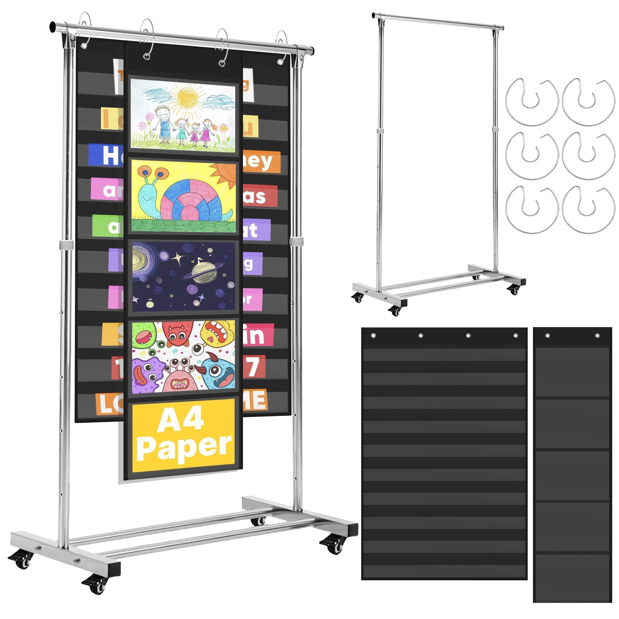 Photo 1 of ***FACTORY SEALED***Yudylg 9 Pack Upgraded Pocket Chart Stand with Brake Swivel Wheels – Upgraded Adjustable Stainless Steel Anchor Chart Holder with 2 Pocket Charts of Different Sizes and 6 Pocket Chart Rings
