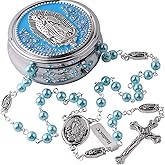 HanlinCC 6mm Glass Pearl Beads Catholic Our Lady of Guadalupe Rosary Necklace for Women and Men with Virgin Mary Center Piece and Crucifix with Metal Gift Box