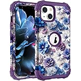 Hocase for iPhone 14 Case/iPhone 13 Case, Heavy Duty Shockproof Protection Soft Silicone Rubber+Hard Plastic Bumpers Hybrid Protective Case for iPhone 13/14 (6.1") - Blue Purple Flowers