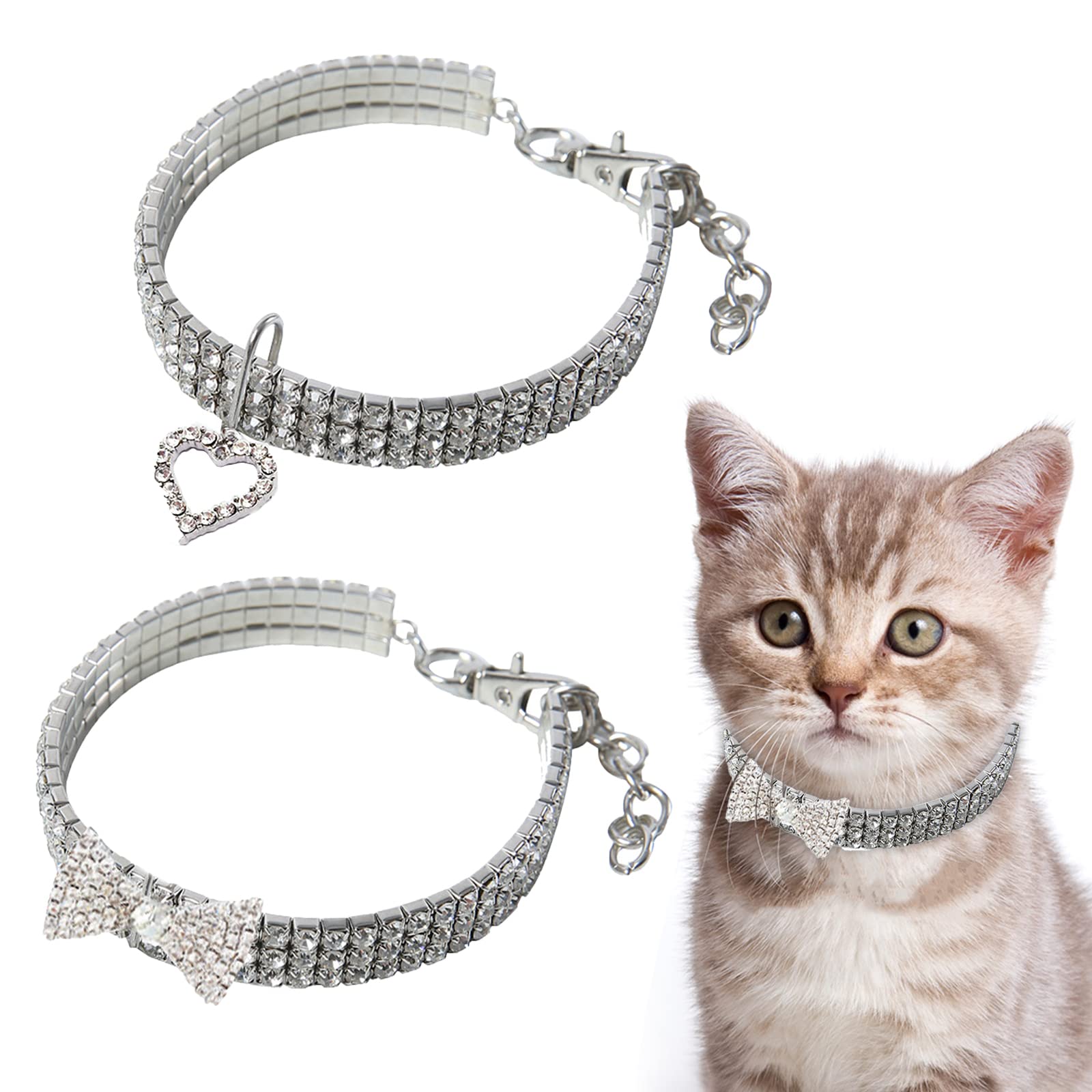 HACRAHO Rhinestones Cat Collars, 2 PCS Cat Wedding Collar with Glitter Pendant Elastic Adjustable Cat Collar Necklaces for Small Pets Cats Kitten Puppy, M
