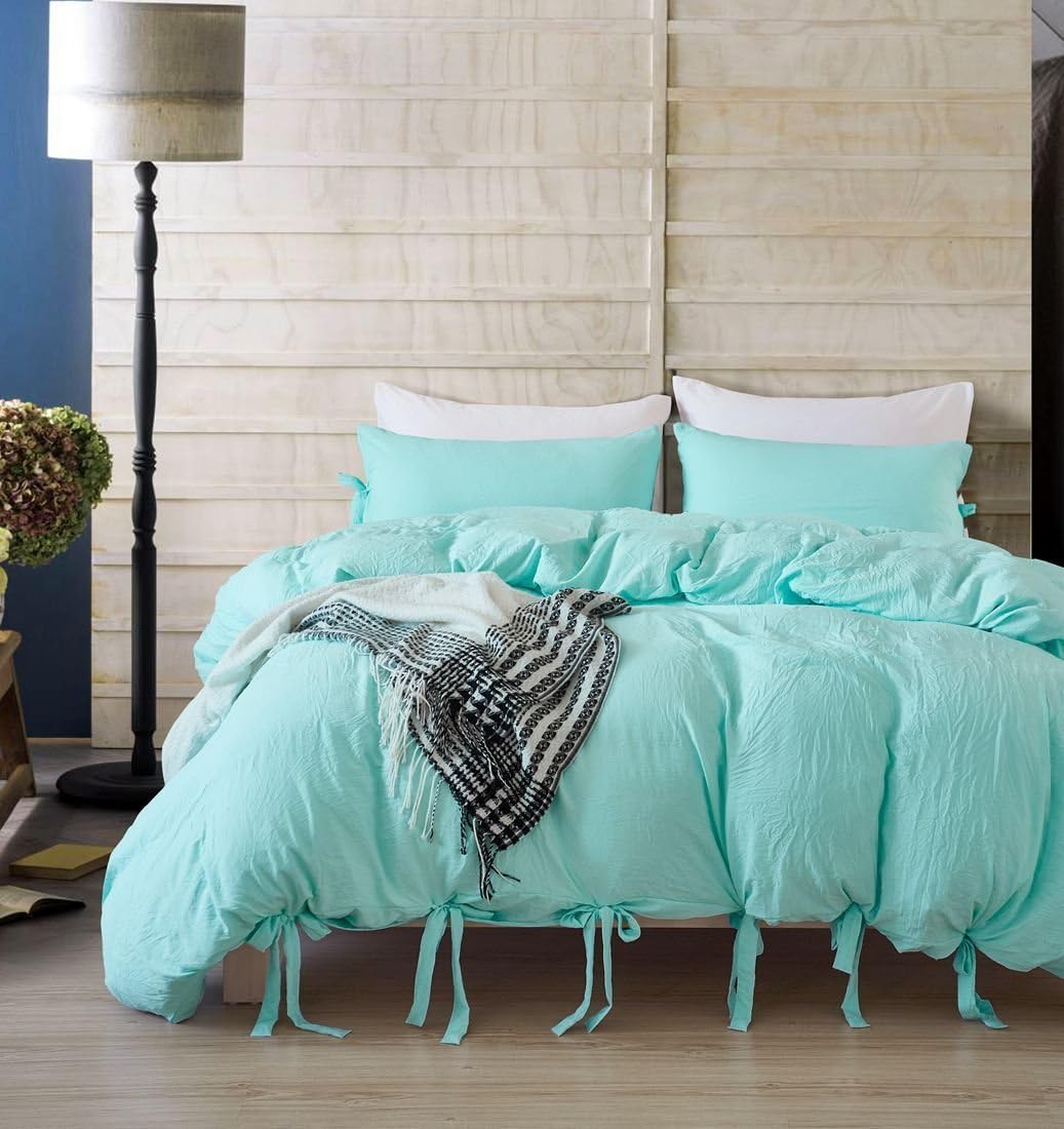 YEVEM Washed Cotton Queen 3 Piece Solid Duvet Cover Set for Teens Adults Full Aqua Blue Simple Soft Bedding Set(1 Comforter Cover 2 Pillowcases), Queen/Full Size
