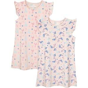 YoyoYarn Soft Cotton 2 Pack Girls Nightgowns, Breathable Flutter Sleeve Pajama Dresses with Cute Prints for Daily Wear