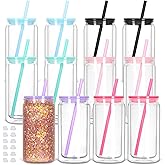 Tswofia 12 Pack Acrylic Snow Globe Tumbler with Pre Drilled Hole, 16 Oz Double Wall Plastic Can with Lid and Straw, Plastic Mason Jar Mug for Snow Globe Glitter DIY Gift (Mixed Colors)