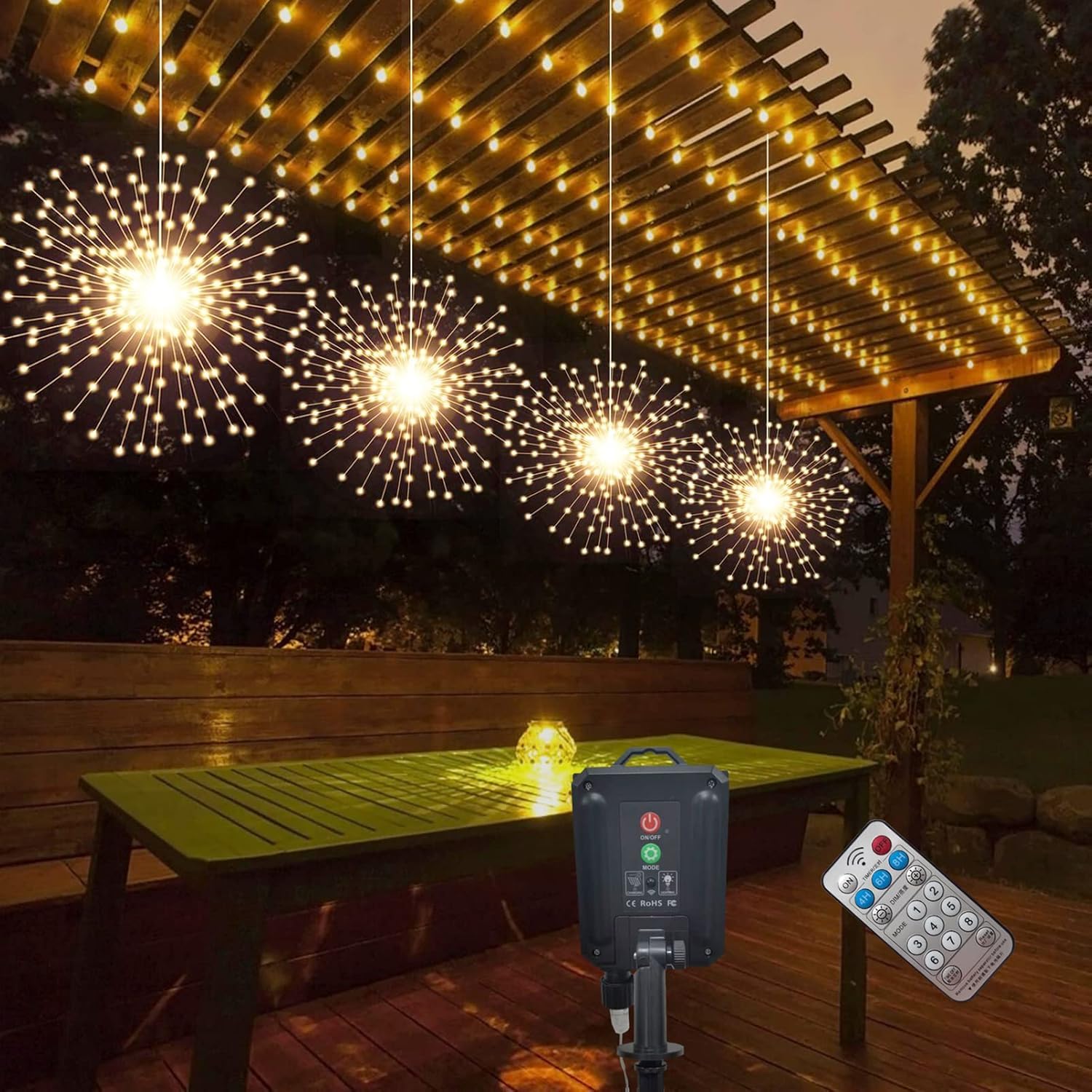 Photo 1 of 4 Pack 800 LED Solar Starburst Sphere Lights,Firework Light Remote Control Timer 8 Modes Dimmable, Waterproof Hanging Sparkly Fairy Light for Patio Party Tent Halloween Christmas Decor (Warm White)