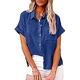Lingjiazi Women's Cotton Linen Button Down Short Sleeve Shirt 2025 Summer Linen Tops Blouses with Pocket 