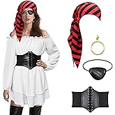 Women Pirate Costume Dress with Corset Set - Off Shoulder Long Sleeve, Renaissance Outfit with Bandana