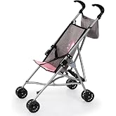 Bayer Design Doll Stroller - Foldable Buggy with Bag &amp; Belt, Grey Pink | Lightweight 18 Inch Toy Pushchair for Toddlers, Aluminum Frame for Pretend Play, Folds Flat for Compact Storage and Travel