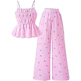 MakeMeChic Girl's 2 Piece Outfits Striped Bow Print Cami Top and Wide Leg Pants Summer Set
