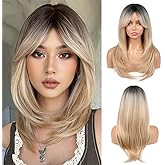 TuTive Blonde Wig With Bangs 22 Inch Layered with Black Roots Shoulder Length Wigs for Women Ombre Color Wig Natural Looking Synthetic Hair Wig for Daily Party Use(Ombre Blonde)