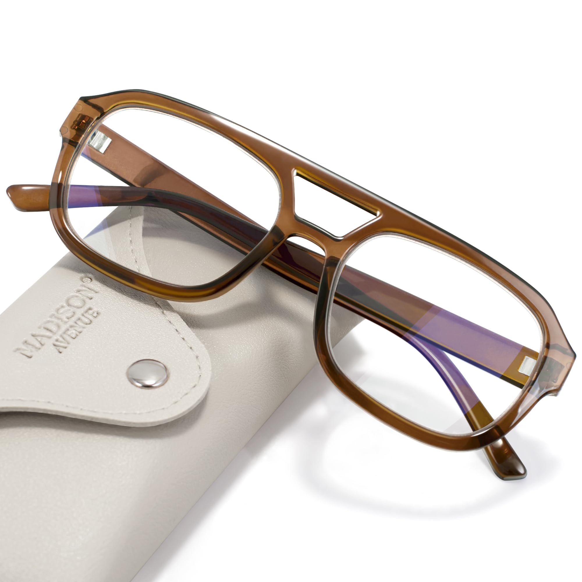 Photo 1 of *****CASE NOT INCLUDED Madison Avenue Retro Aviator Blue Light Blocking Glasses for Women Men with Case, Trendy Rectangle Computer Eyeglasses Brown