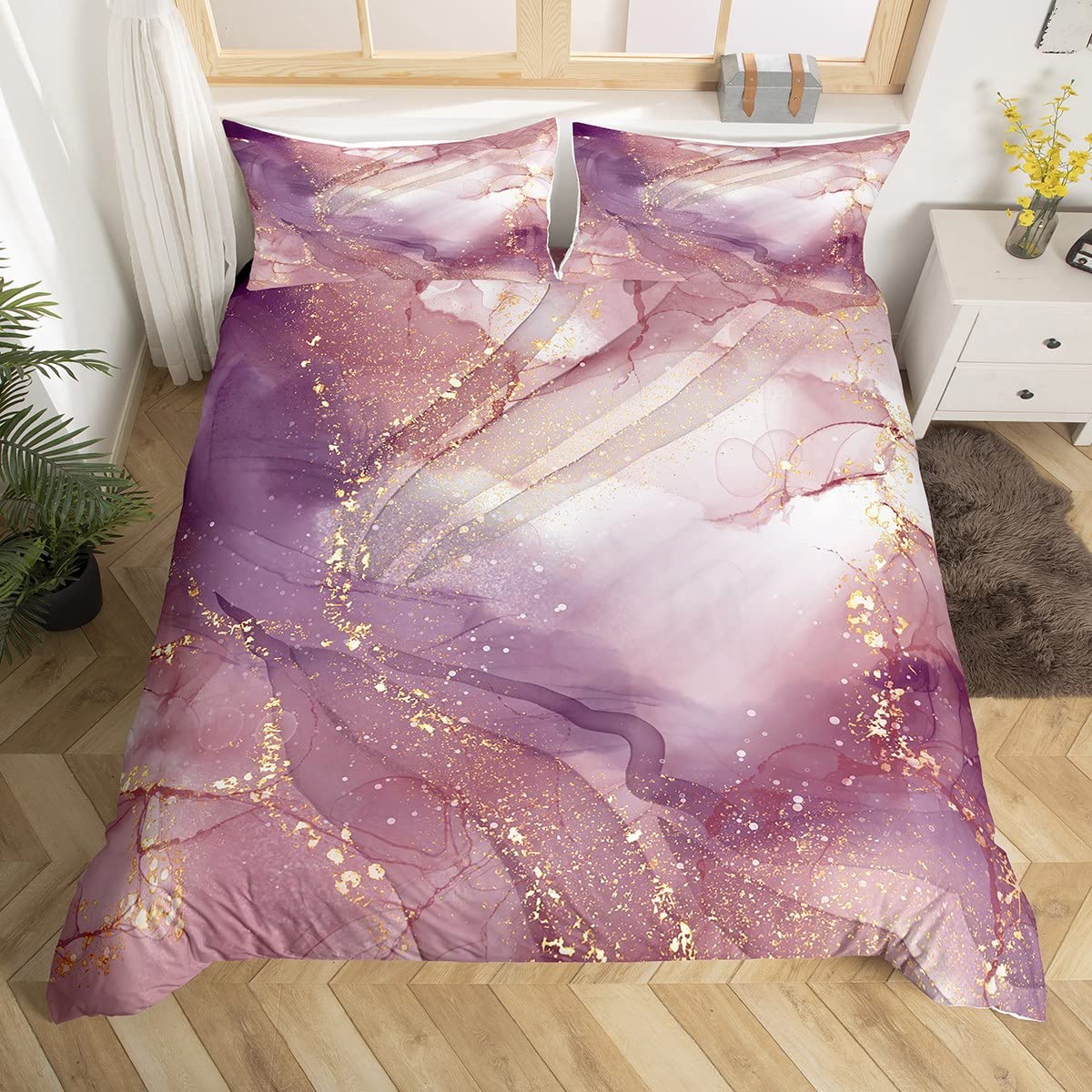 Purple Marble Duvet Cover Set Double Size, Watercolor Marbling Bedding Set 3pcs for Kids Girls Room Decor, Abstract Stone Texture Comforter Cover Soft Polyester Quilt Cover with 2 Pillowcases — image 1