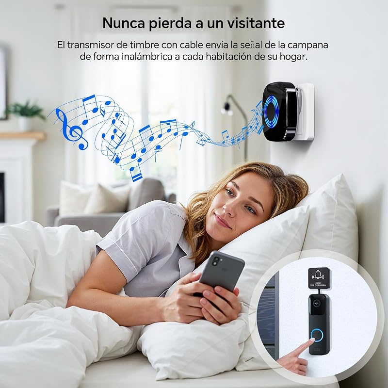 Repetidor de Señal Inalámbrica, WET03B Kit de Extensión de Timbre Inalámbrico, Compatible con Todos los Timbres Blink, 58 Melodías & 5 Niveles de Volumen, 1 Convertidor y 1 Receptor